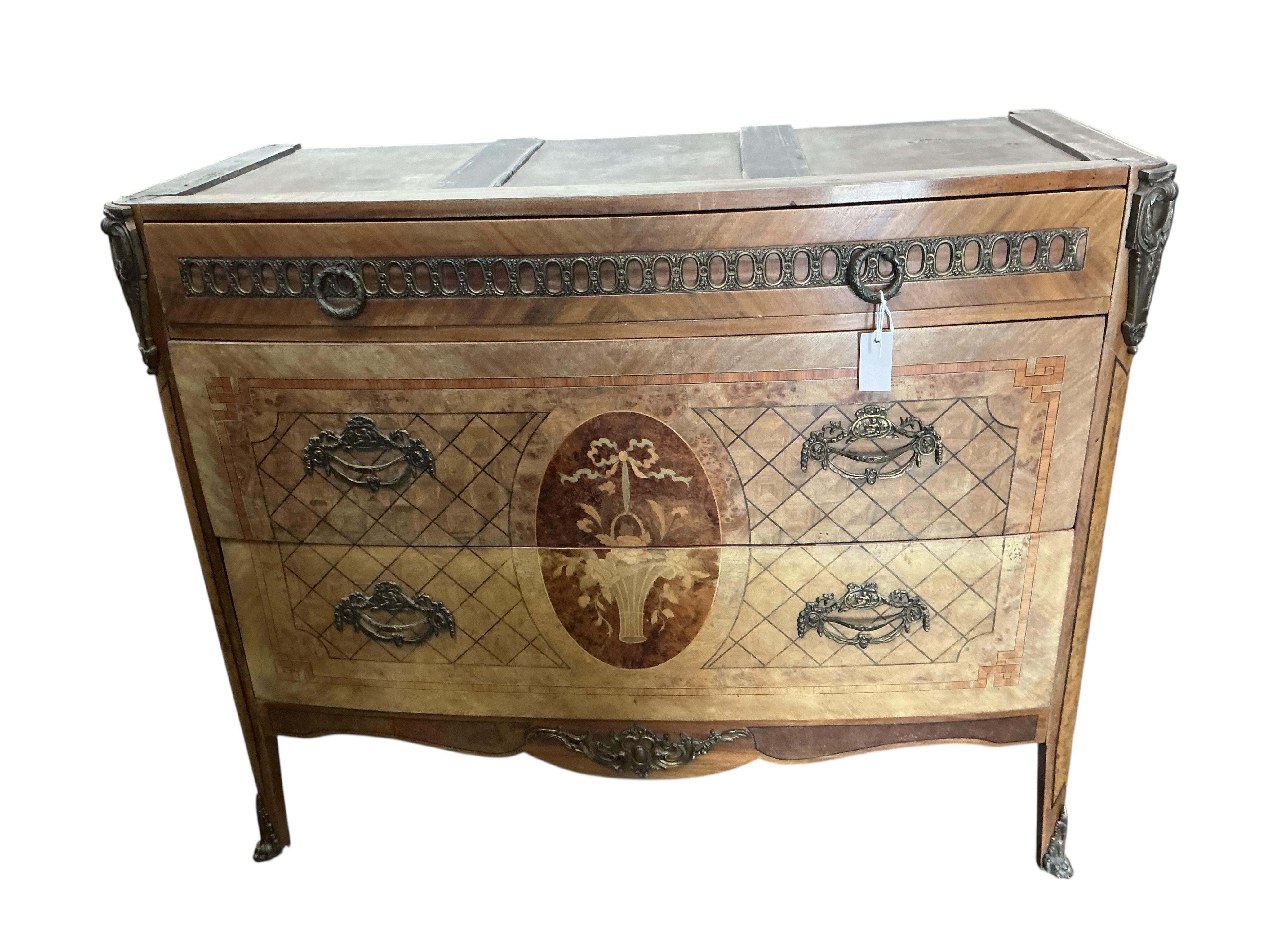 A Louis XVI style marquetry inlaid mahogany commode, lacking marble top, width 122cm, depth 53cm, height 100cm
